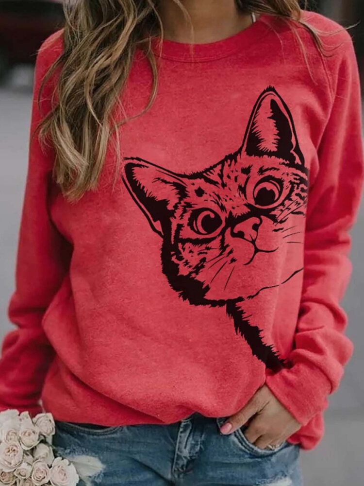 Camisetas De Manga Larga Sueltas Con Cuello Redondo Y Estampado De Gato De Dibujos Animados Lindo Para Mujer