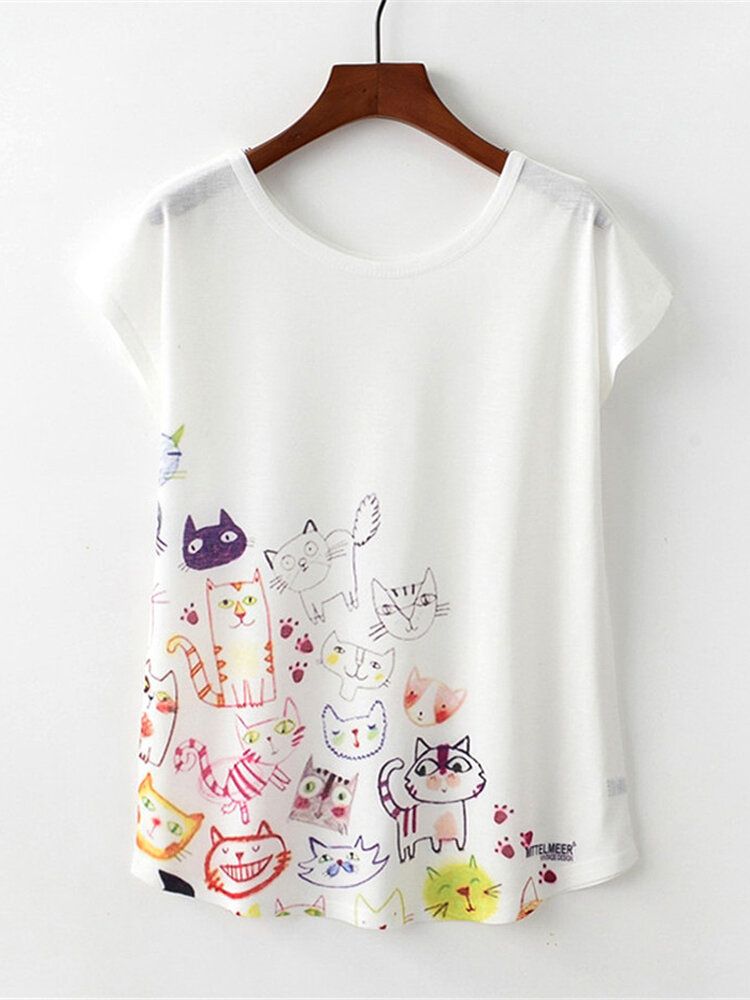 Camisetas De Mujer Sueltas Con Estampado De Gato Y Cuello Redondo De Manga Corta Para Mujer