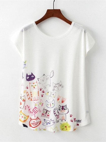 Camisetas De Mujer Sueltas Con Estampado De Gato Y Cuello Redondo De Manga Corta Para Mujer