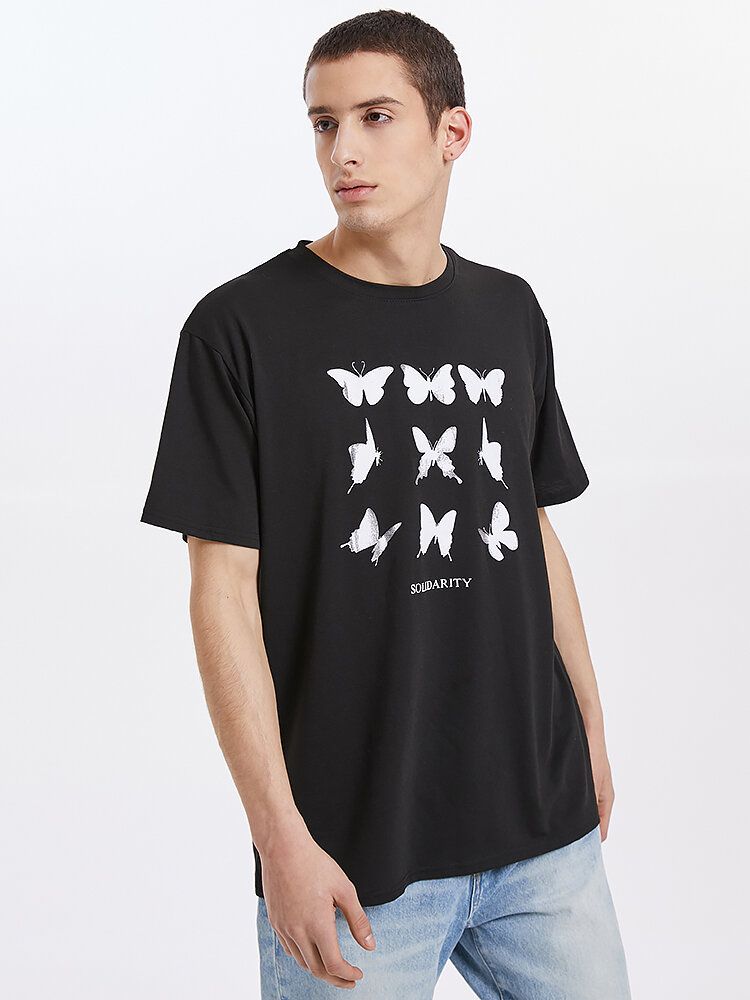 Camisetas De Muy Buen Gusto Negras De Manga Corta Con Cuello Redondo Y Estampado De Mariposas Para Hombre