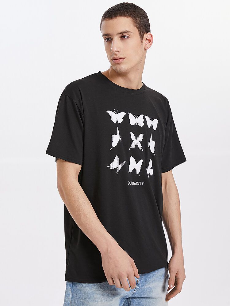 Camisetas De Muy Buen Gusto Negras De Manga Corta Con Cuello Redondo Y Estampado De Mariposas Para Hombre