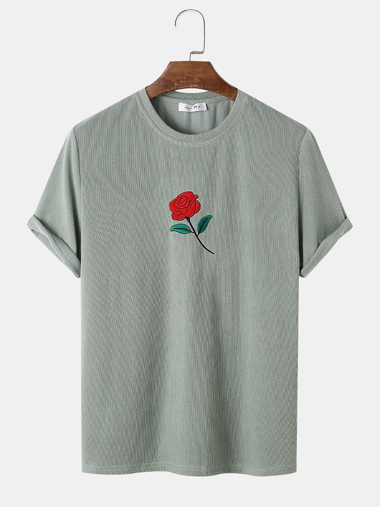 Camisetas De Rayas De Cuello Redondo Con Estampado De Rosas Casuales Para Hombre