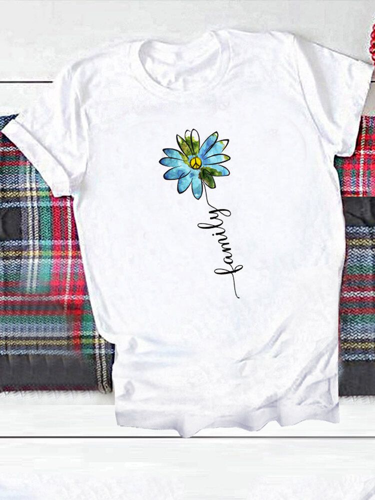 Camisetas Redondas Con Estampado De Letras De Flores Cuello De Manga Corta Camiseta Suelta Informal Para Mujeres