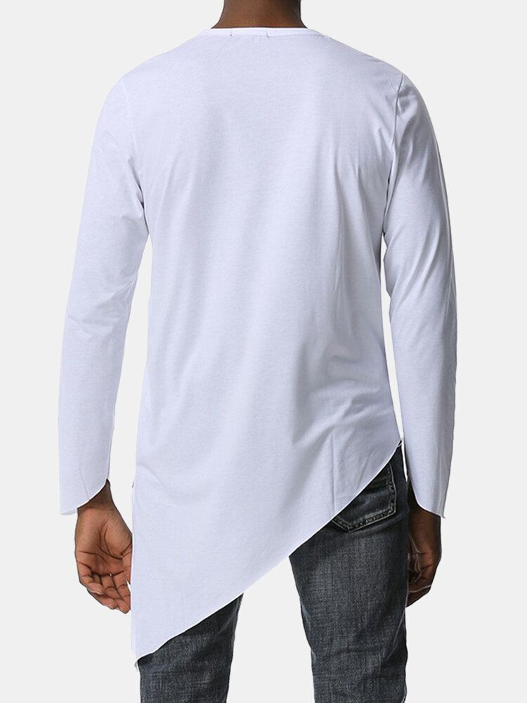 Camisetas Sencillas Con Dobladillo Asimétrico De Manga Larga Con Cuello Redondo De Color Sólido Para Hombre