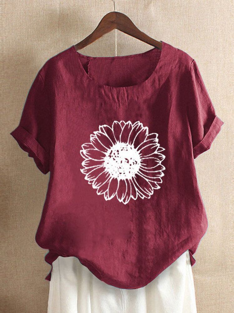 Camisetas Sencillas De Manga Corta Con Cuello Redondo Y Estampado Floral Para Mujer