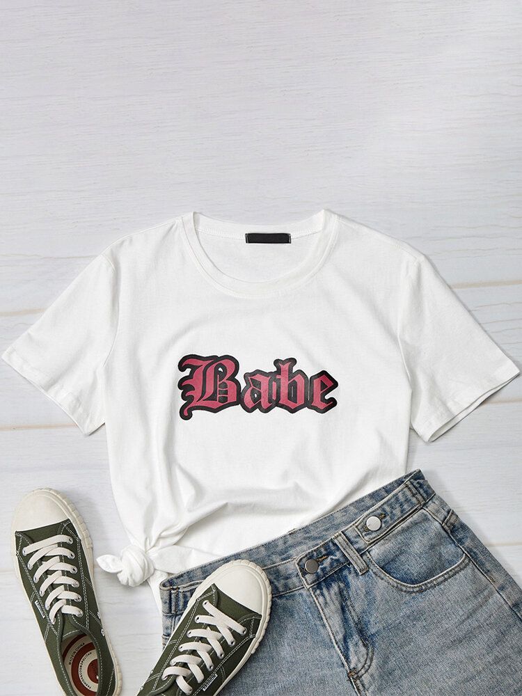 Camisetas Sencillas De Manga Corta Con Cuello Redondo Y Estampado De Letras Para Mujer