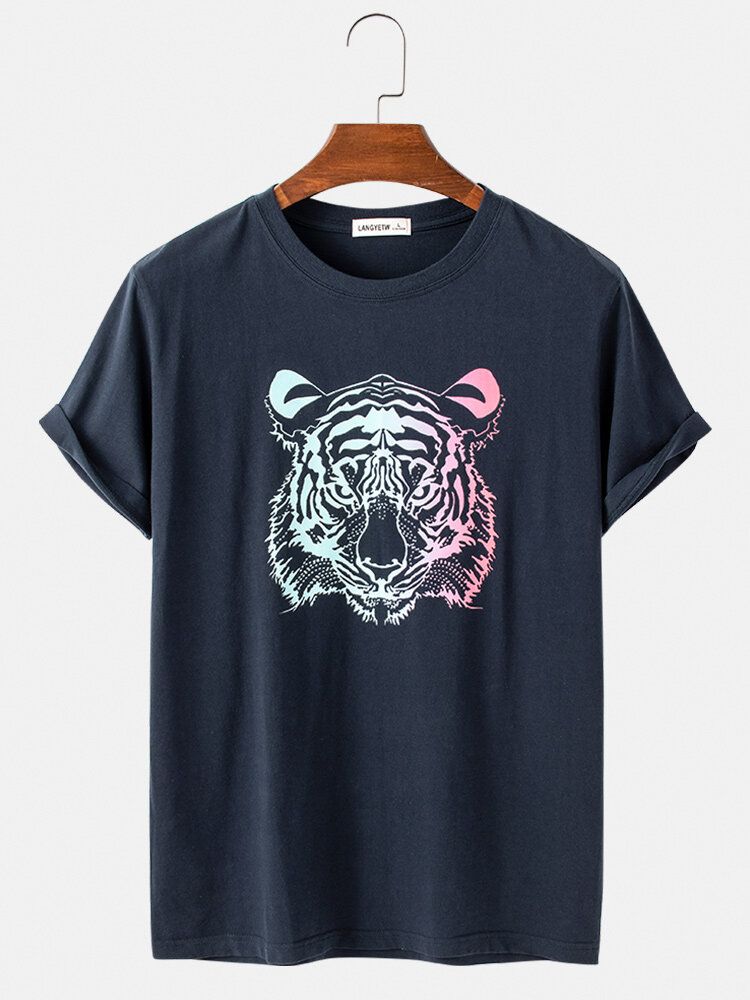 Camisetas Sueltas Con Cuello Redondo Y Transpirables Informales Con Estampado De Tigre Multicolor Para Hombre