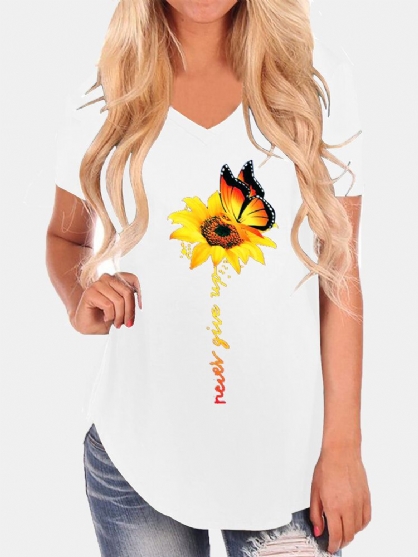 Camisetas Sueltas Con Dobladillo Irregular Y Cuello En V Con Estampado De Girasol Y Mariposa Informal