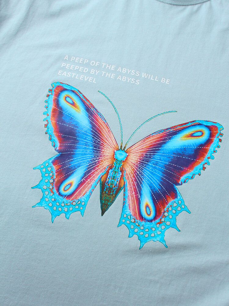 Camisetas Sueltas Ligeras De Color Sólido Con Estampado De Mariposas 100% Algodón Para Hombre