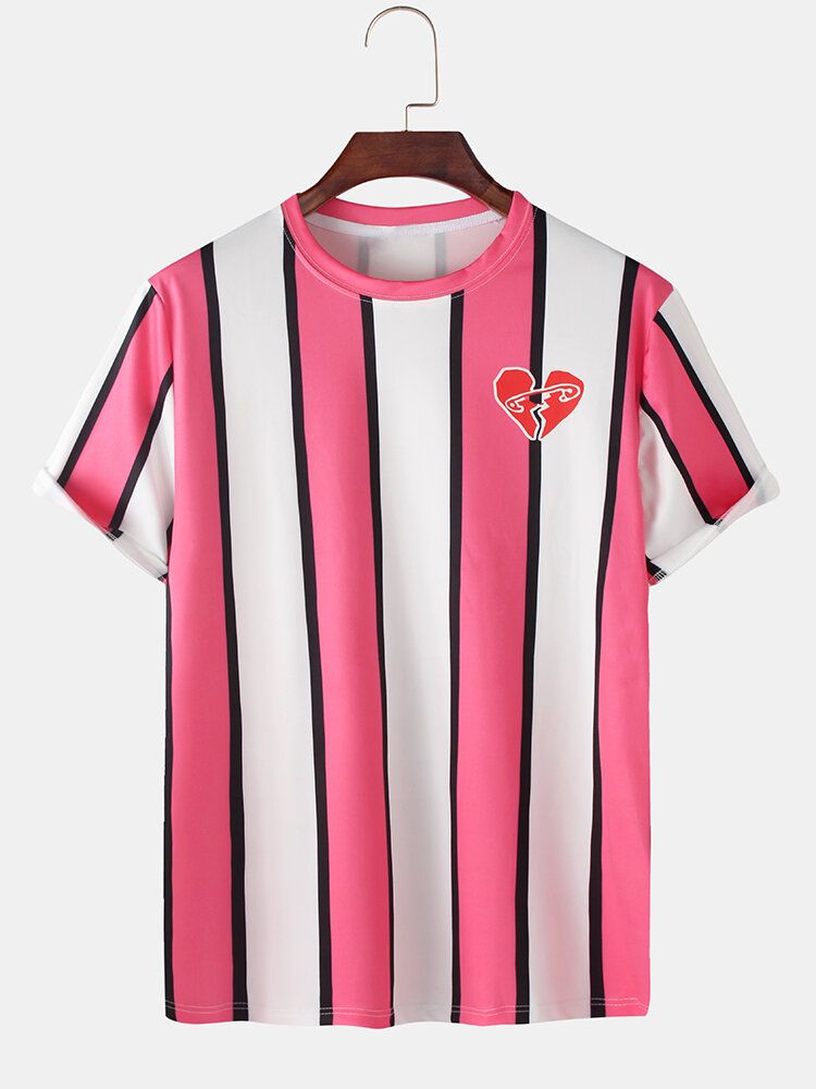 Camisetas Sueltas De Manga Corta Con Cuello Redondo Y Estampado De Corazón A Rayas Rosadas