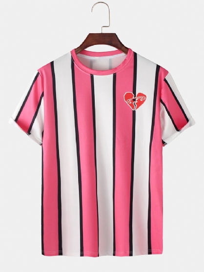 Camisetas Sueltas De Manga Corta Con Cuello Redondo Y Estampado De Corazón A Rayas Rosadas