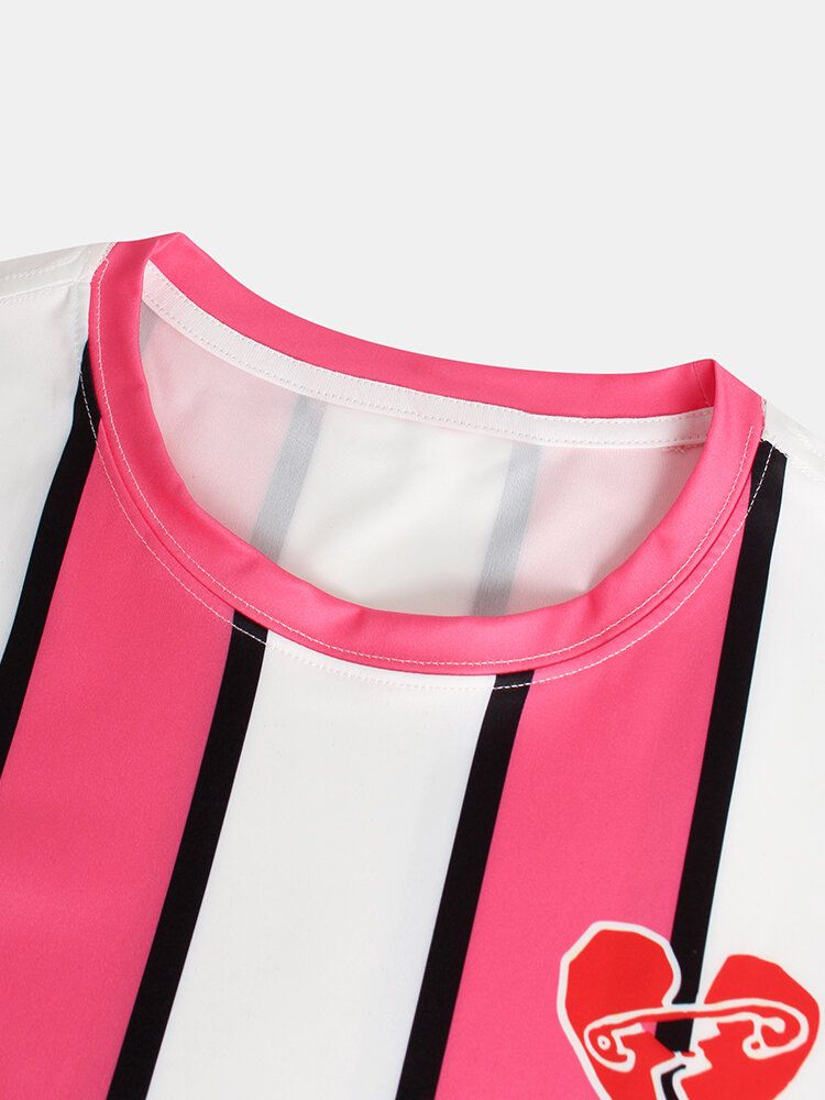 Camisetas Sueltas De Manga Corta Con Cuello Redondo Y Estampado De Corazón A Rayas Rosadas