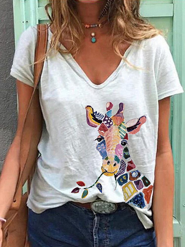 Camisetas Sueltas De Manga Corta Con Cuello En V Y Estampado De Animales De Jirafa De Dibujos Animados Para Mujeres