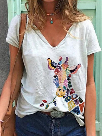 Camisetas Sueltas De Manga Corta Con Cuello En V Y Estampado De Animales De Jirafa De Dibujos Animados Para Mujeres