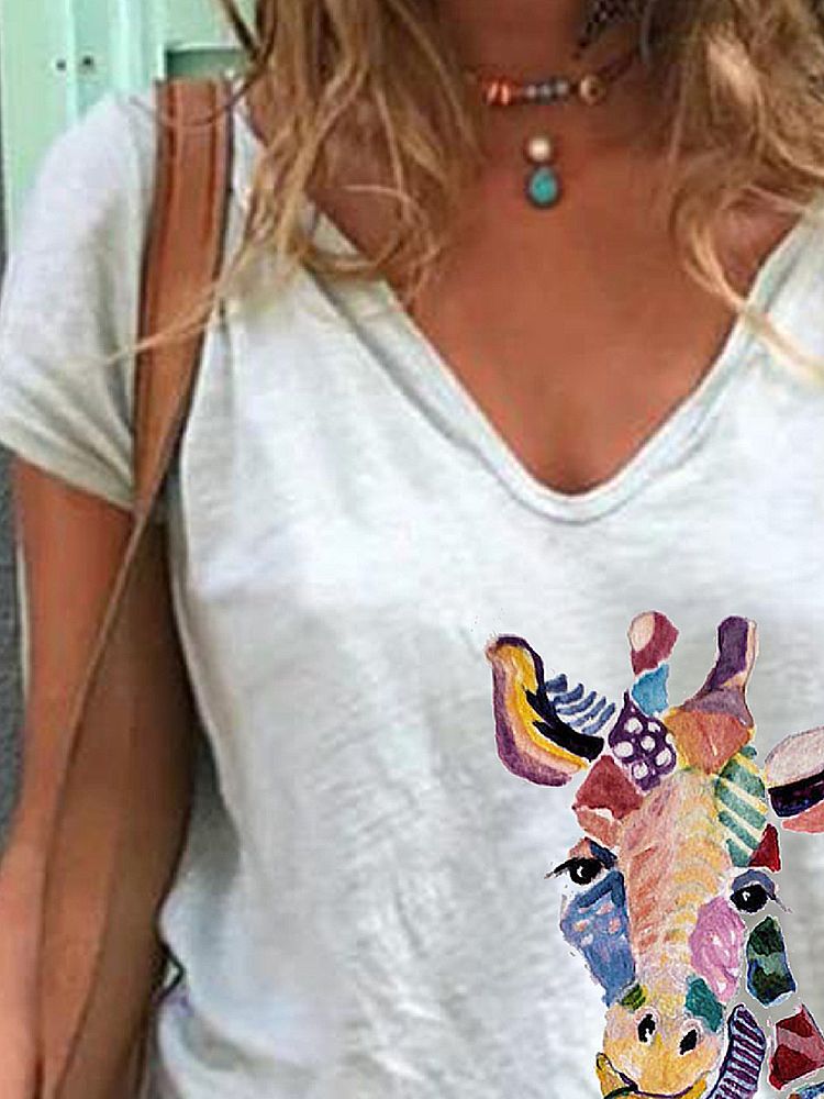 Camisetas Sueltas De Manga Corta Con Cuello En V Y Estampado De Animales De Jirafa De Dibujos Animados Para Mujeres