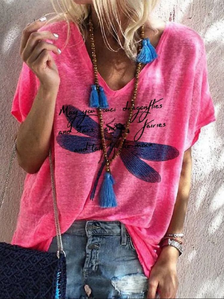 Camisetas Sueltas De Manga Corta Con Estampado De Letras Con Estampado De Libélula Para Mujer