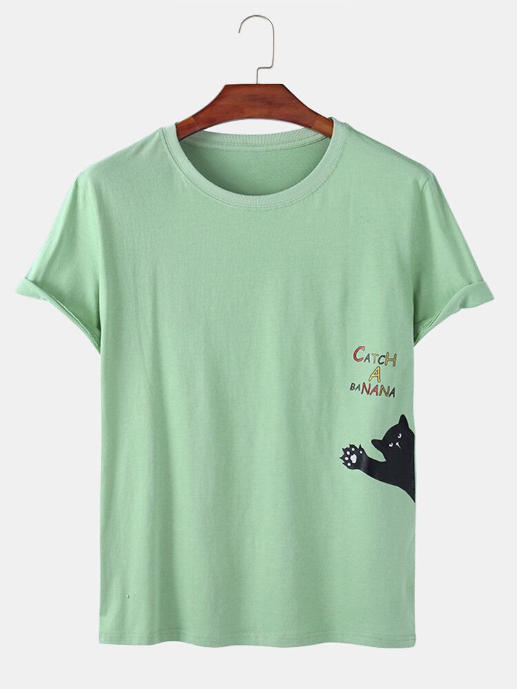 Camisetas Transpirables Sueltas De Verano De Color Sólido Con Estampado De Gato De Dibujos Animados Para Hombre