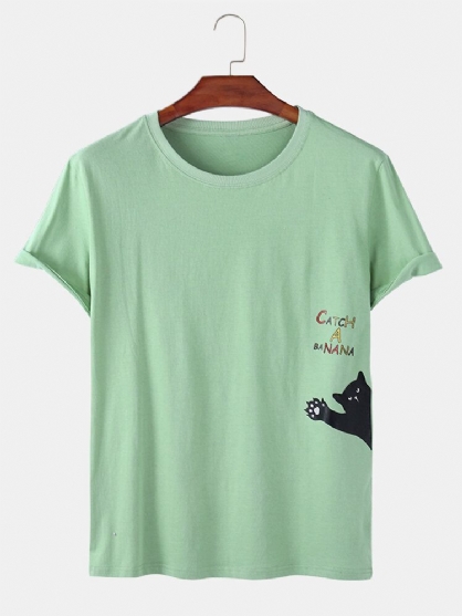 Camisetas Transpirables Sueltas De Verano De Color Sólido Con Estampado De Gato De Dibujos Animados Para Hombre