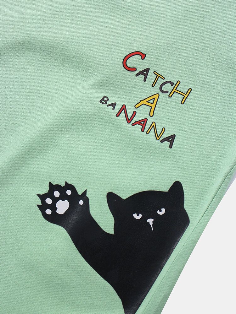 Camisetas Transpirables Sueltas De Verano De Color Sólido Con Estampado De Gato De Dibujos Animados Para Hombre