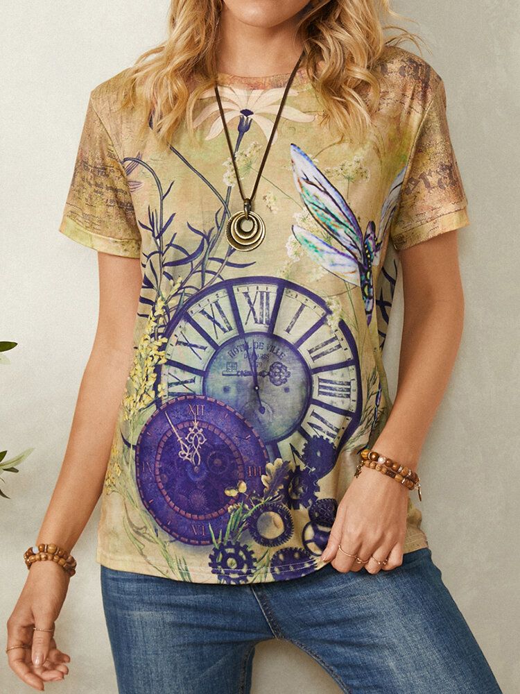 Clock Dragonfly Print Camiseta De Manga Corta Con Cuello Redondo Y Casual Vintage Para Mujer