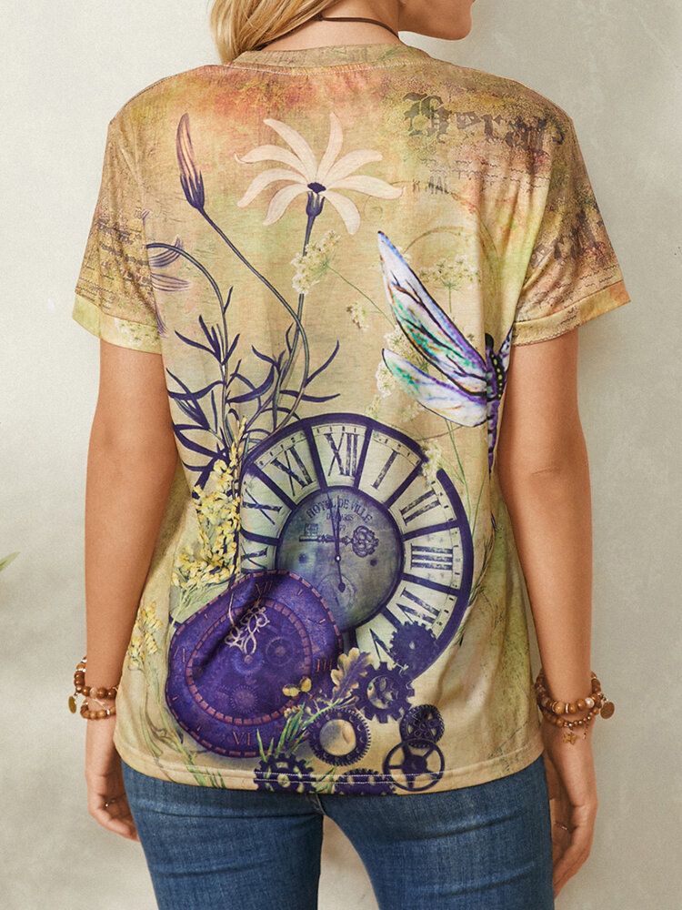 Clock Dragonfly Print Camiseta De Manga Corta Con Cuello Redondo Y Casual Vintage Para Mujer