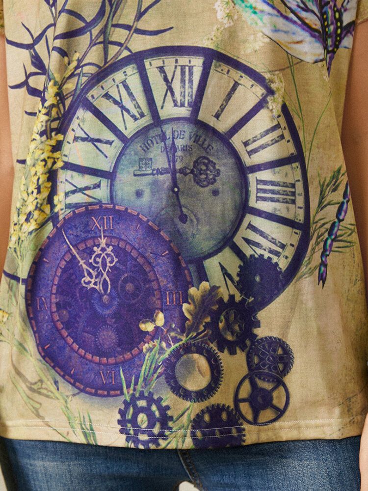 Clock Dragonfly Print Camiseta De Manga Corta Con Cuello Redondo Y Casual Vintage Para Mujer