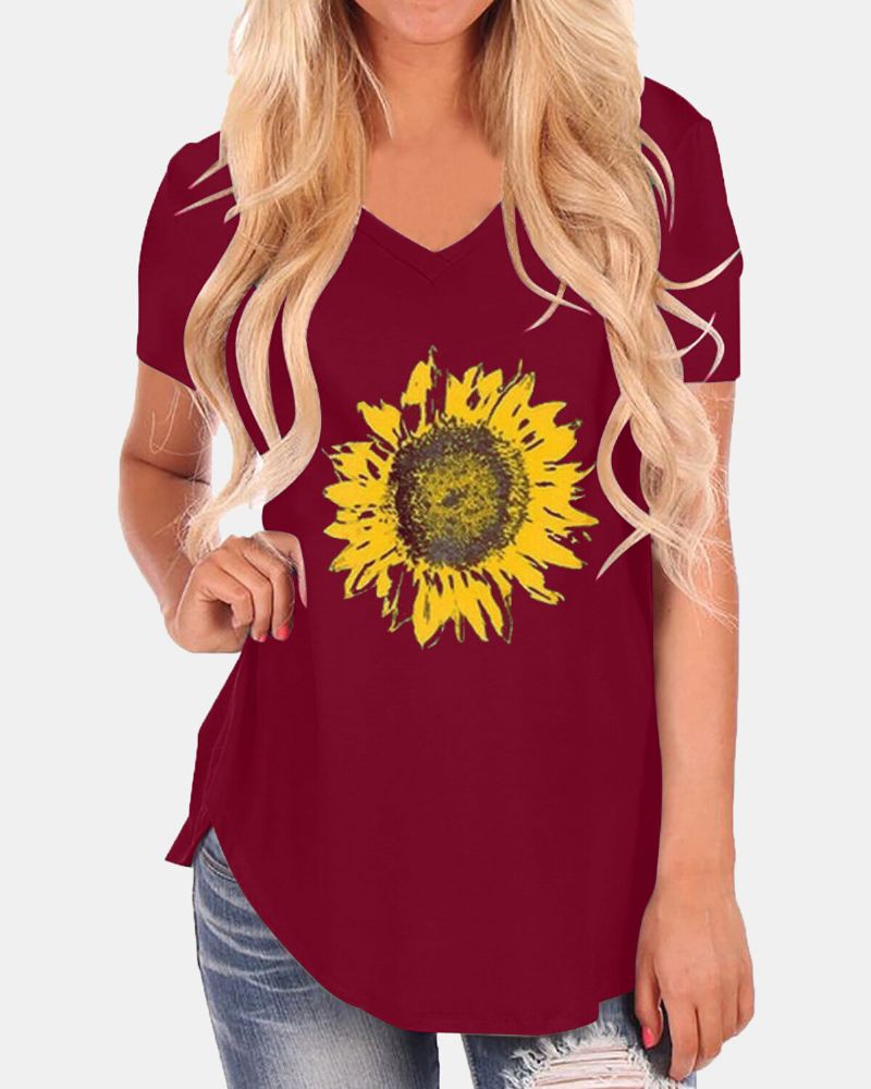 Girasoles Estampado Cuello En V Mangas Cortas Camisetas Sueltas Con Dobladillo Irregular Informal