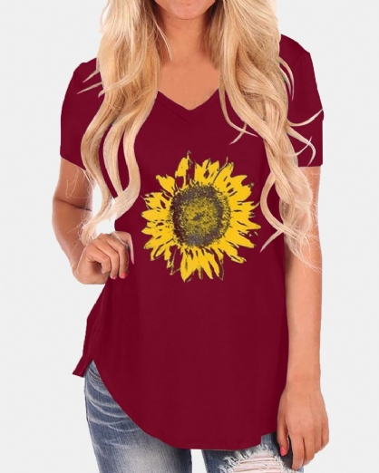 Girasoles Estampado Cuello En V Mangas Cortas Camisetas Sueltas Con Dobladillo Irregular Informal