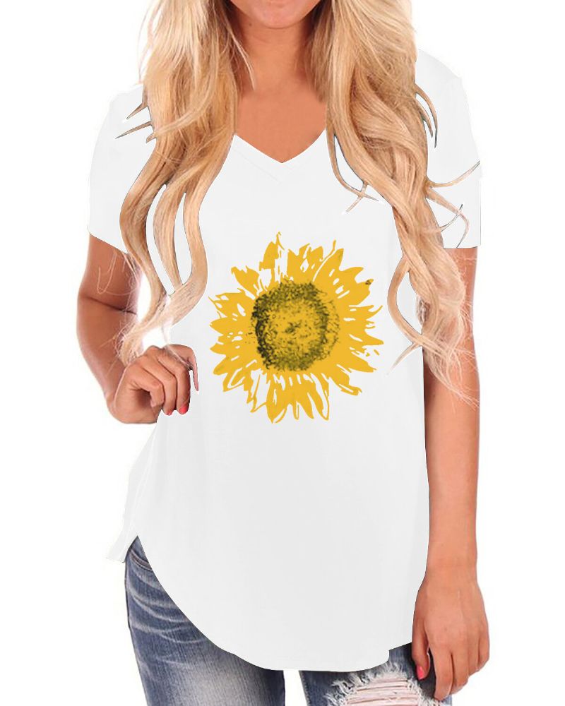 Girasoles Estampado Cuello En V Mangas Cortas Camisetas Sueltas Con Dobladillo Irregular Informal