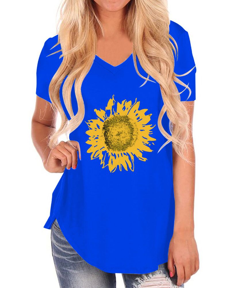 Girasoles Estampado Cuello En V Mangas Cortas Camisetas Sueltas Con Dobladillo Irregular Informal