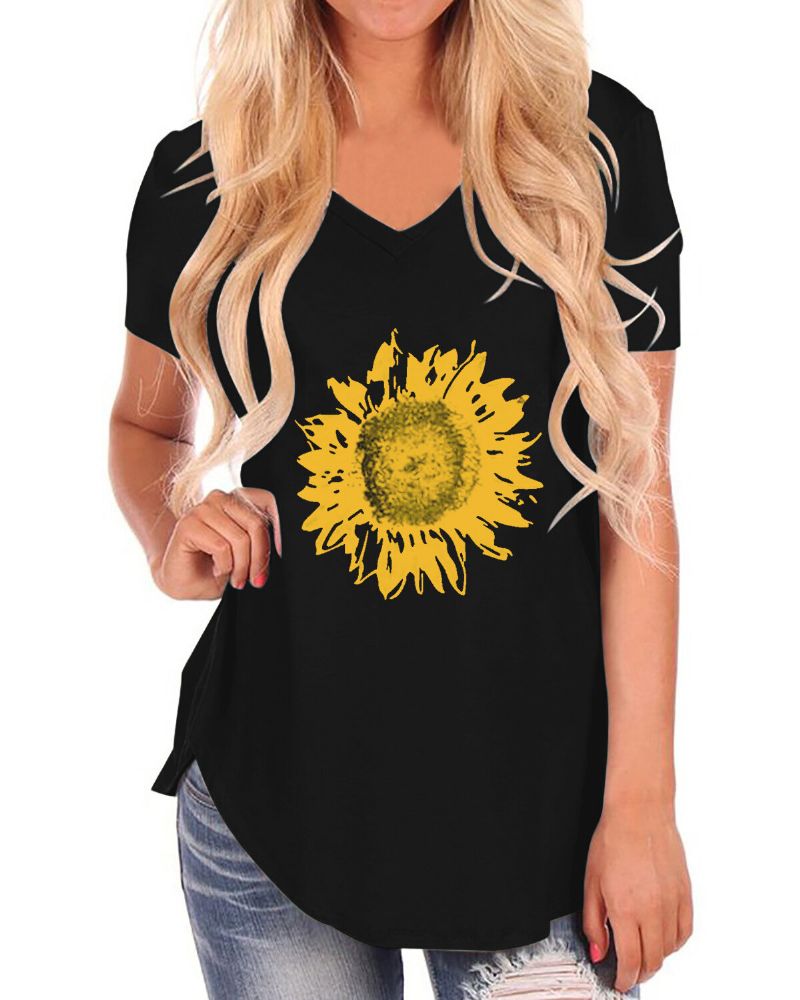 Girasoles Estampado Cuello En V Mangas Cortas Camisetas Sueltas Con Dobladillo Irregular Informal