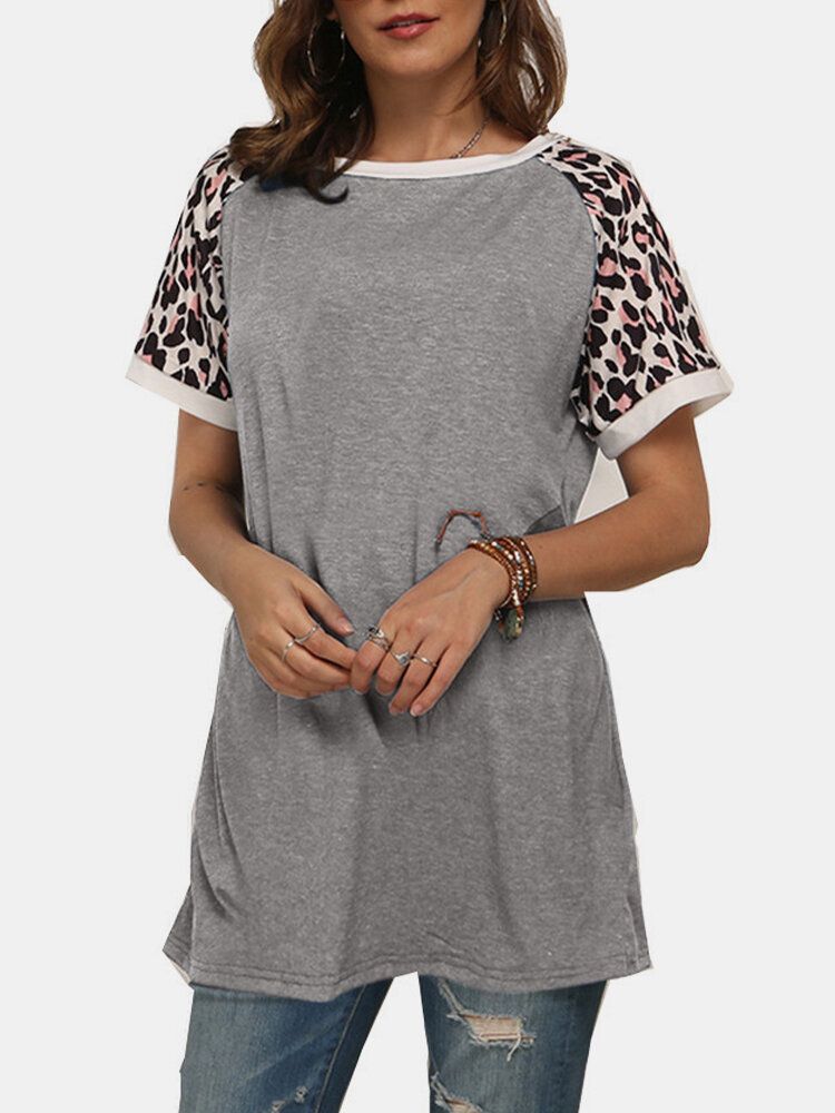 Leopardo Patchwork O-cuello Manga Corta Camisetas Casuales