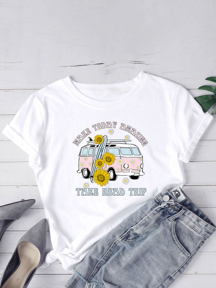 Mujeres Daisy Car Slogan Print O-cuello Casual Camisetas De Manga Corta