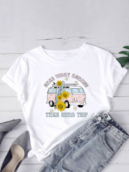 Mujeres Daisy Car Slogan Print O-cuello Casual Camisetas De Manga Corta