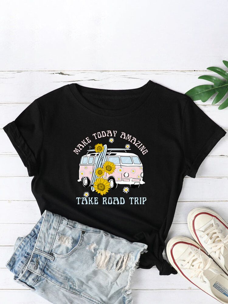 Mujeres Daisy Car Slogan Print O-cuello Casual Camisetas De Manga Corta