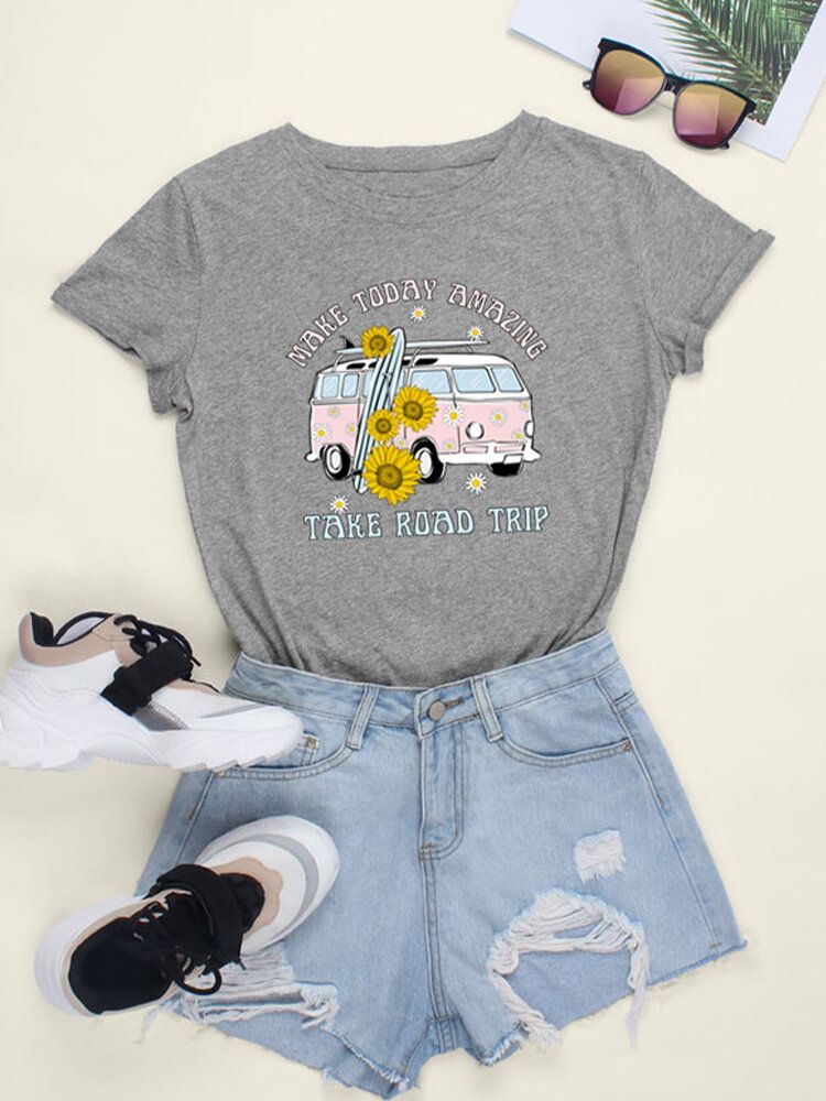 Mujeres Daisy Car Slogan Print O-cuello Casual Camisetas De Manga Corta