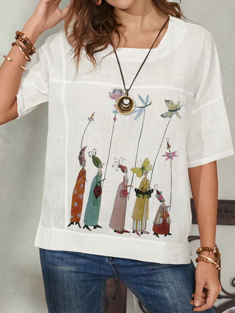 Mujeres De Dibujos Animados Calico Figura Imprimir Cuello Redondo Casual Camisetas De Manga Corta Sueltas