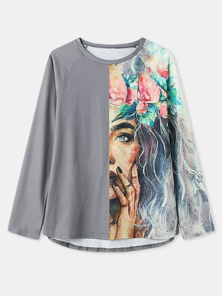 Mujeres Figura Pintura Estampado Patchwork O-cuello Casual Camiseta Suelta De Manga Larga