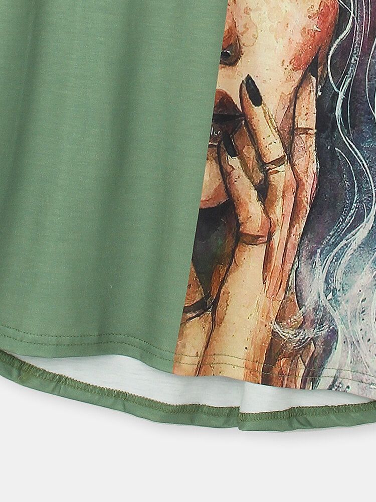 Mujeres Figura Pintura Estampado Patchwork O-cuello Casual Camiseta Suelta De Manga Larga