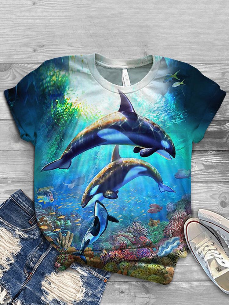 Mujeres Ocean Whale Animal Print O-cuello Casual Camisetas De Manga Corta