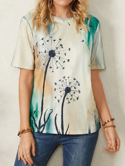 Mujeres Plant Ombre Print Cuello Redondo Casual Camisetas De Manga Corta