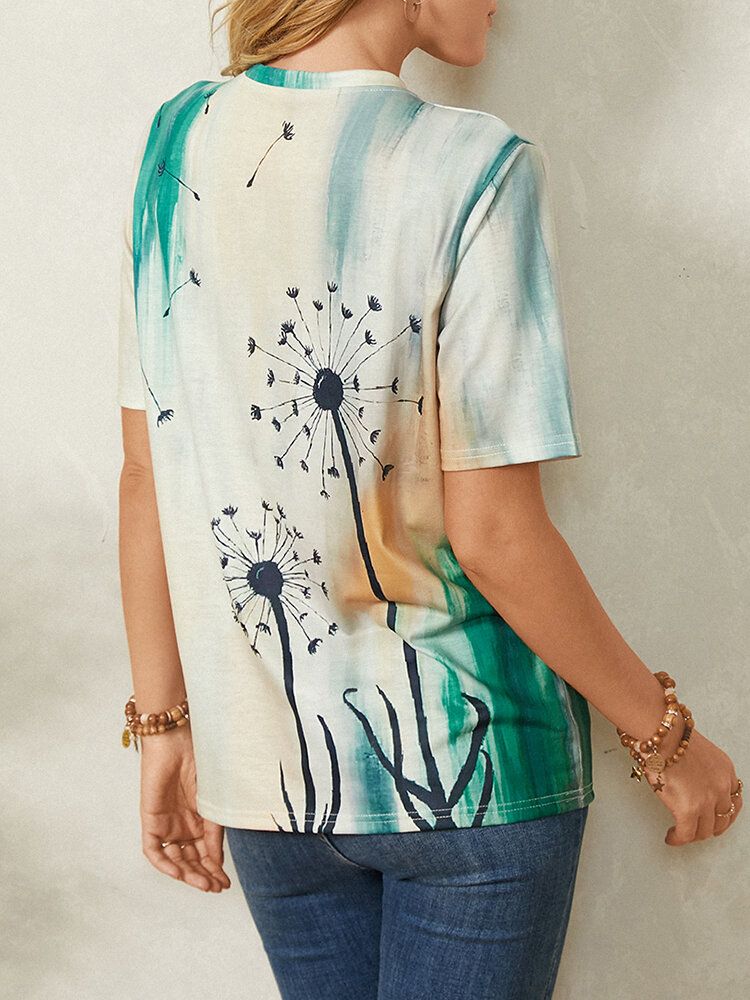 Mujeres Plant Ombre Print Cuello Redondo Casual Camisetas De Manga Corta