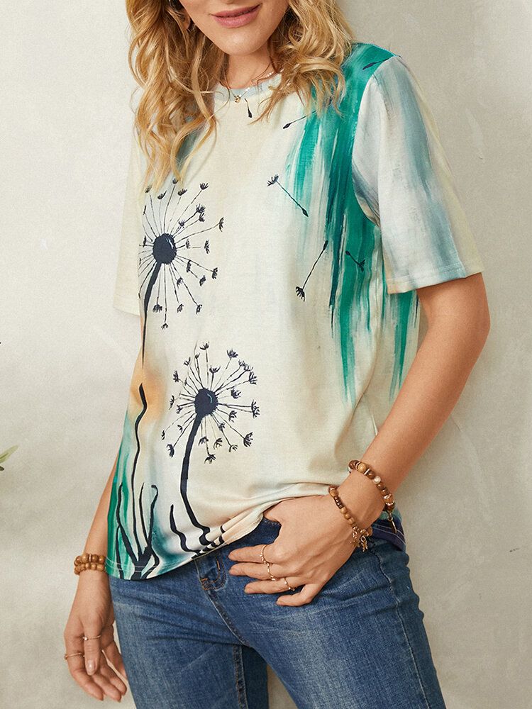 Mujeres Plant Ombre Print Cuello Redondo Casual Camisetas De Manga Corta