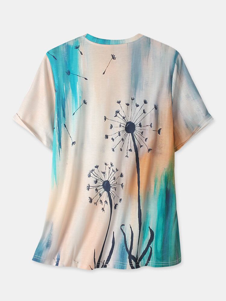 Mujeres Plant Ombre Print Cuello Redondo Casual Camisetas De Manga Corta