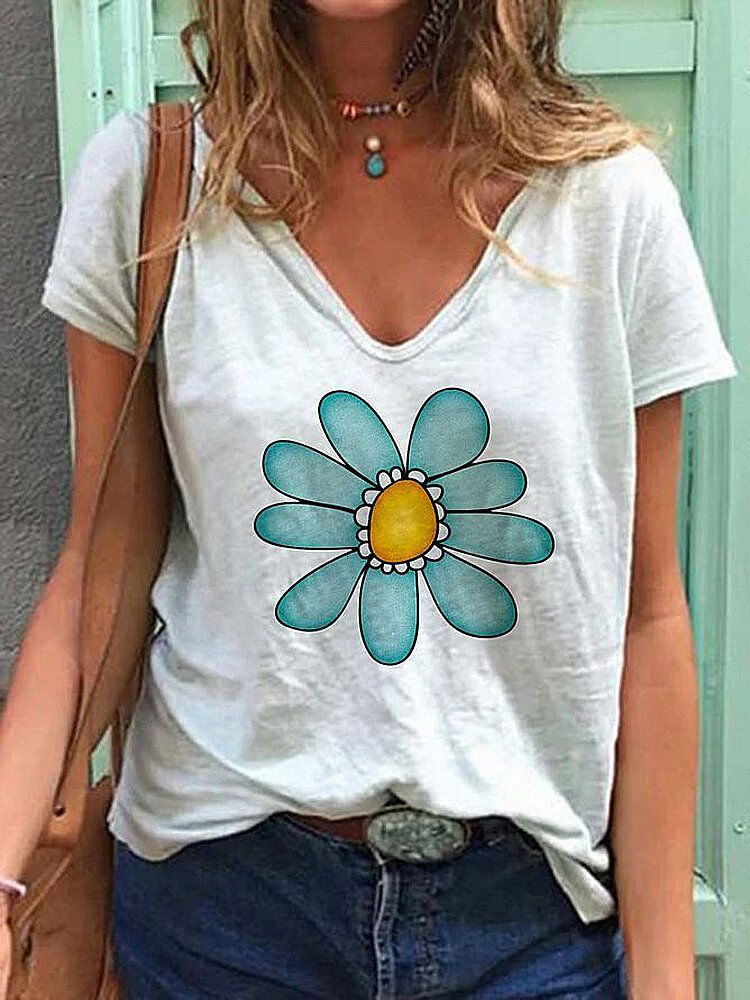 Mujeres Verano Estampado De Flores Escote En V Manga Corta Camisetas Informales Diarias