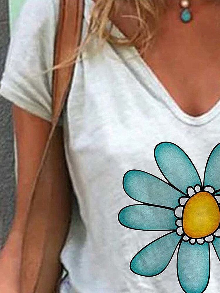 Mujeres Verano Estampado De Flores Escote En V Manga Corta Camisetas Informales Diarias