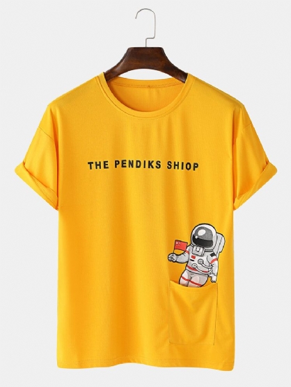 Space Astronaut Print Algodón Parche Bolsillo Cuello Redondo Casual Camisetas De Manga Corta