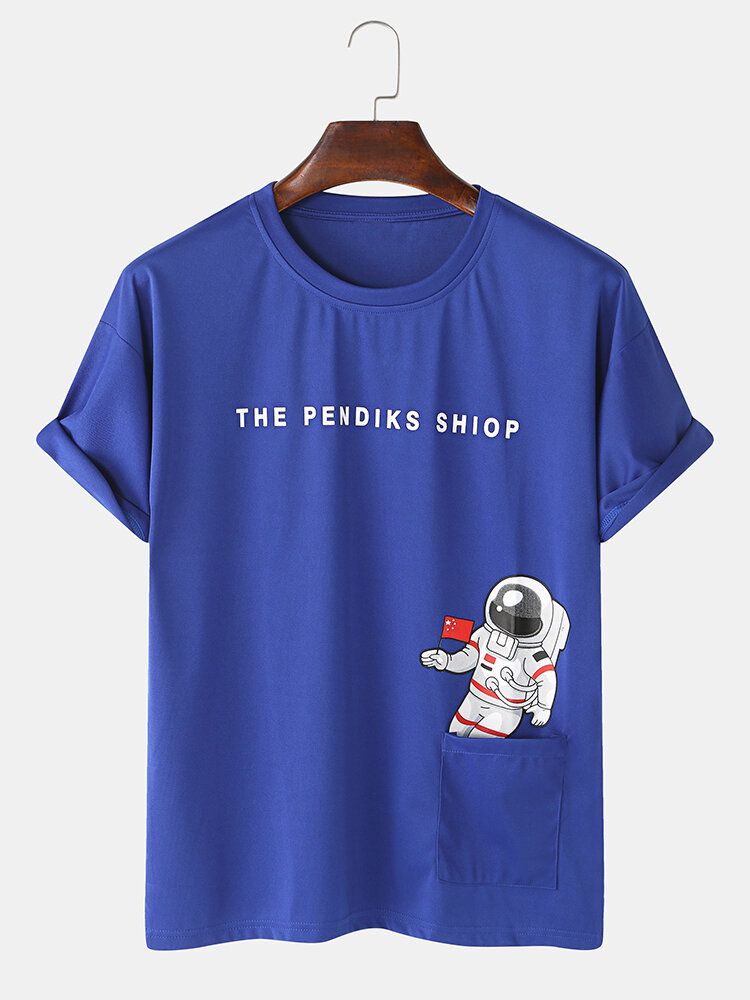 Space Astronaut Print Algodón Parche Bolsillo Cuello Redondo Casual Camisetas De Manga Corta