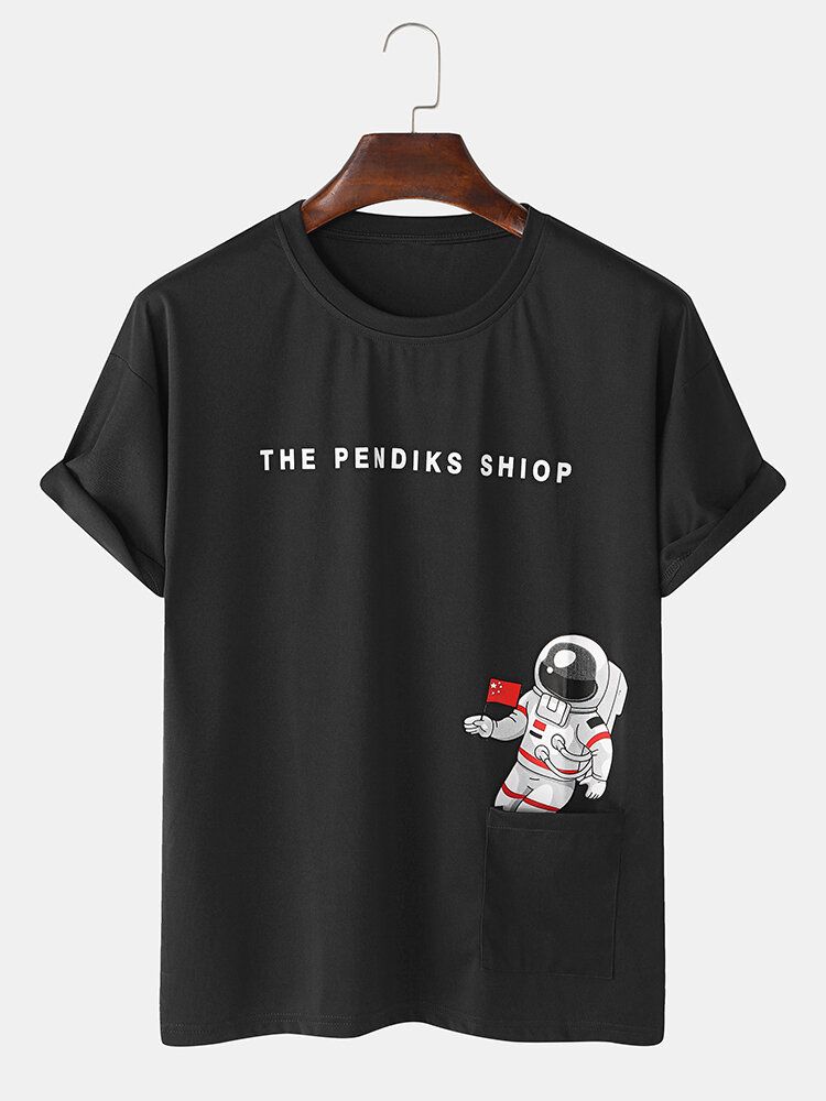 Space Astronaut Print Algodón Parche Bolsillo Cuello Redondo Casual Camisetas De Manga Corta