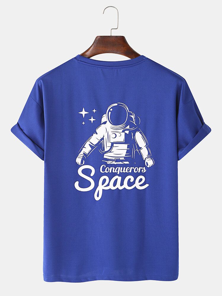 Space Astronaut Print Algodón Parche Bolsillo Cuello Redondo Casual Camisetas De Manga Corta